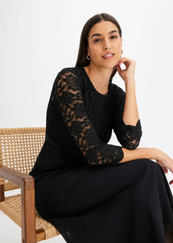 Abito midi in chiffon leggero con pizzo al corpino, bonprix