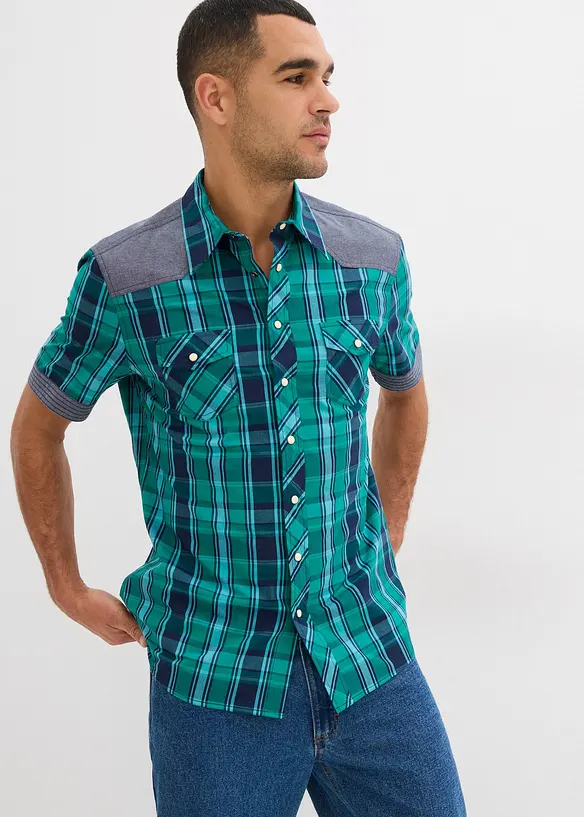 Camicia a maniche corte con inserto in denim, bonprix