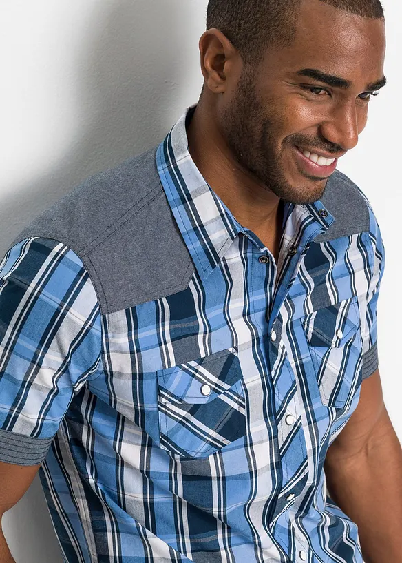 Camicia a maniche corte con inserto in denim, bonprix