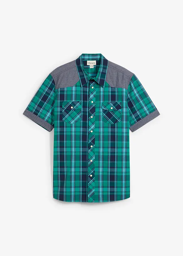 Camicia a maniche corte con inserto in denim, bonprix