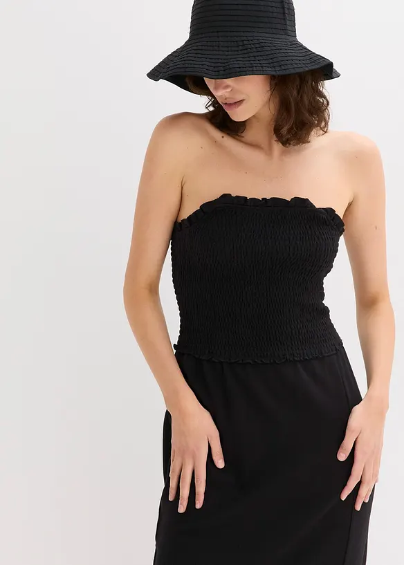 Abito midi in jersey robusto con inserto smock e spacco, bonprix