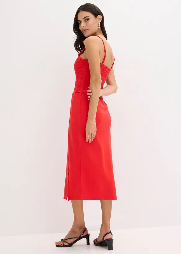 Abito midi in jersey robusto con inserto smock e spacco, bonprix
