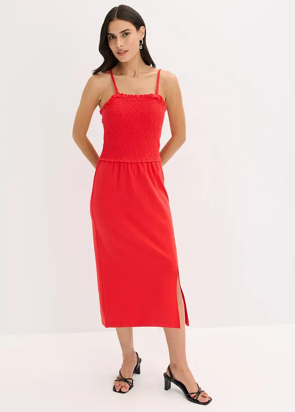 Abito midi in jersey robusto con inserto smock e spacco, bonprix