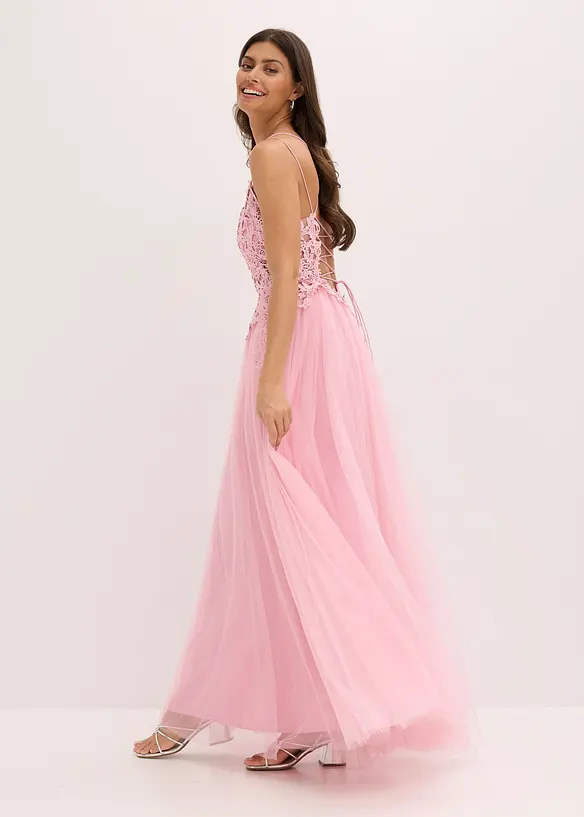 Abito lungo in delicato tulle con pizzo, bonprix