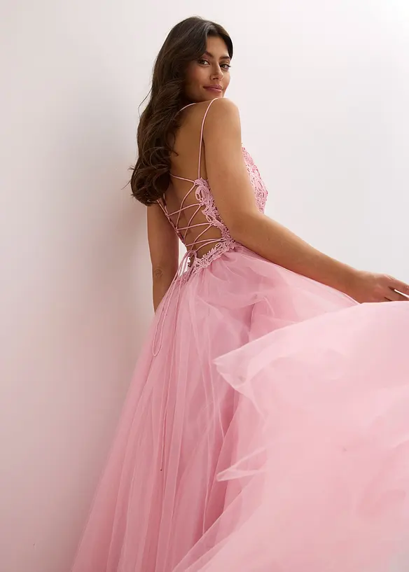Abito lungo in delicato tulle con pizzo, bonprix