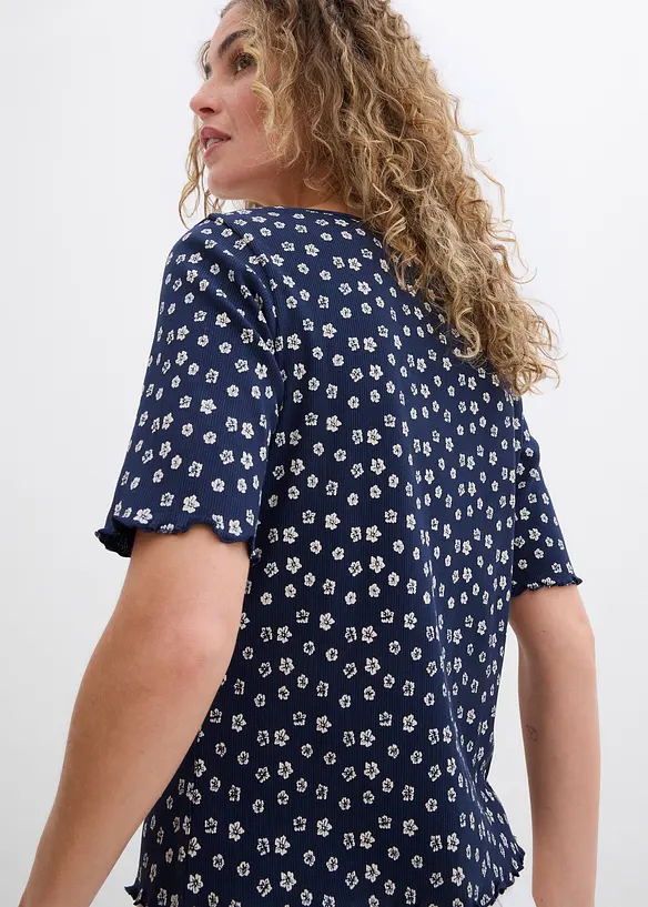 Maglia a costine a mezze maniche con stampa a fiori, bonprix