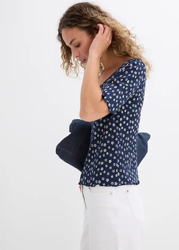 Maglia a costine a mezze maniche con stampa a fiori, bonprix