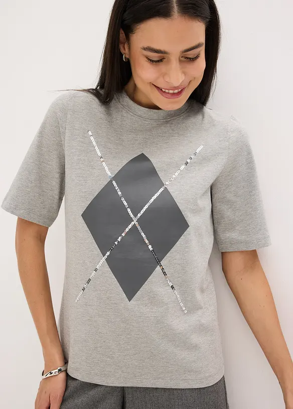Maglia a mezze maniche con paillettes e stampa, bonprix