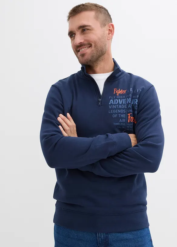 Felpa in puro cotone con colletto alto e zip, bonprix