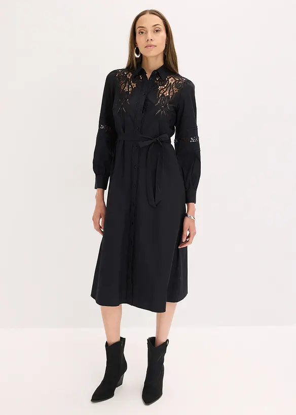Abito midi di cotone con inserti di pizzo, bonprix