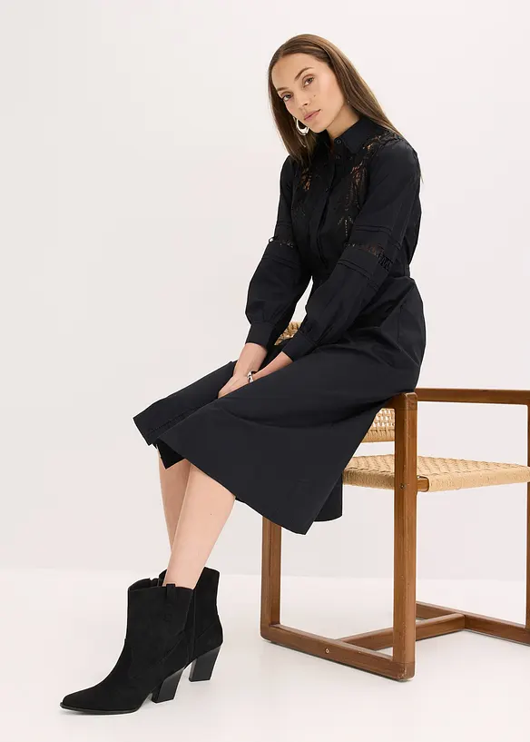 Abito midi di cotone con inserti di pizzo, bonprix