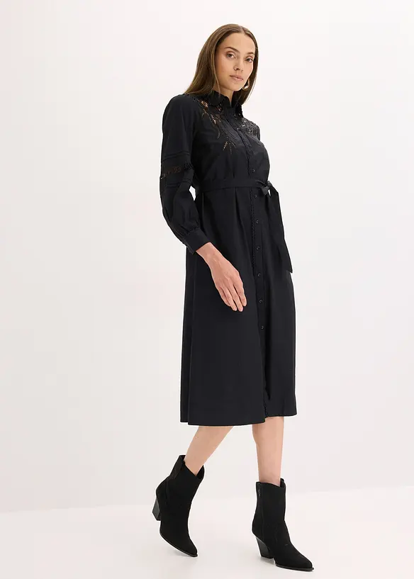 Abito midi di cotone con inserti di pizzo, bonprix