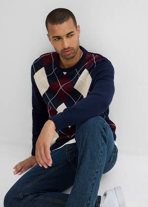 Maglione in puro cotone con motivo a losanghe, bonprix