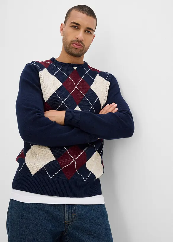 Maglione in puro cotone con motivo a losanghe, bonprix