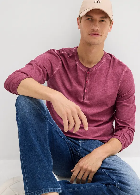 Maglia serafino a maniche lunghe in look lavato in puro cotone biologico, bonprix