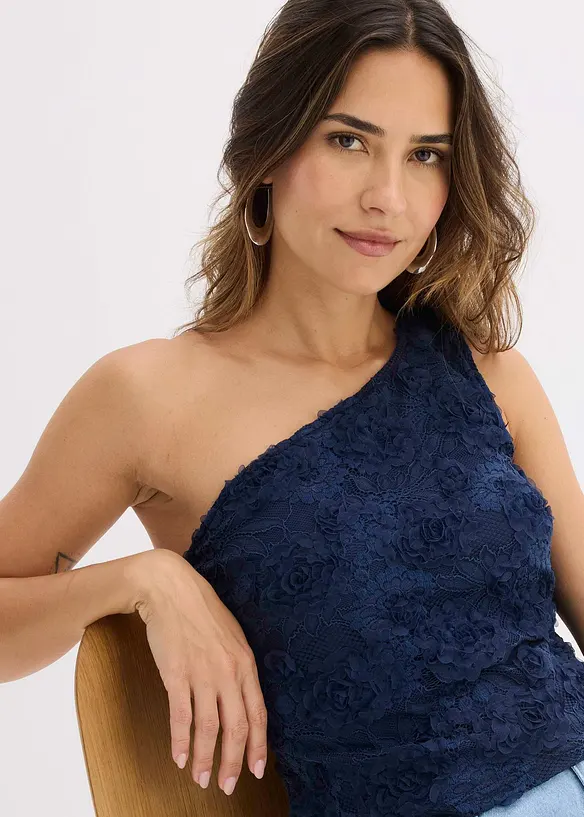 Top monospalla ricamato, bonprix