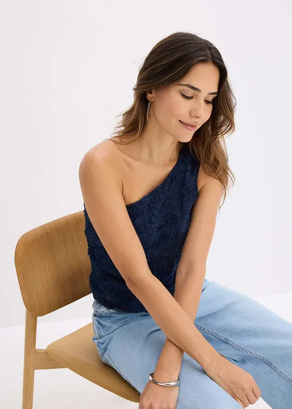 Top monospalla ricamato, bonprix