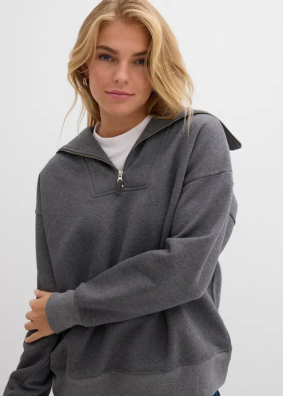 Felpa a collo ampio con zip in misto cotone morbido, bonprix