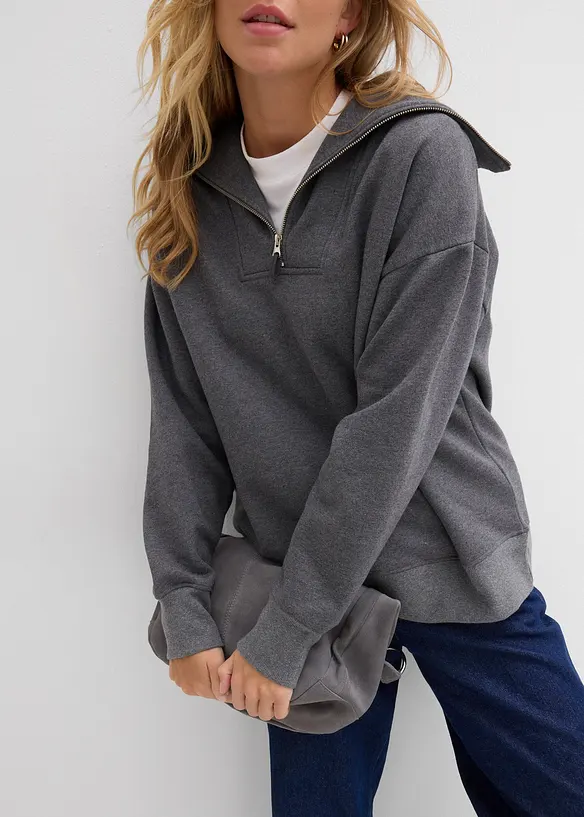 Felpa a collo ampio con zip in misto cotone morbido, bonprix