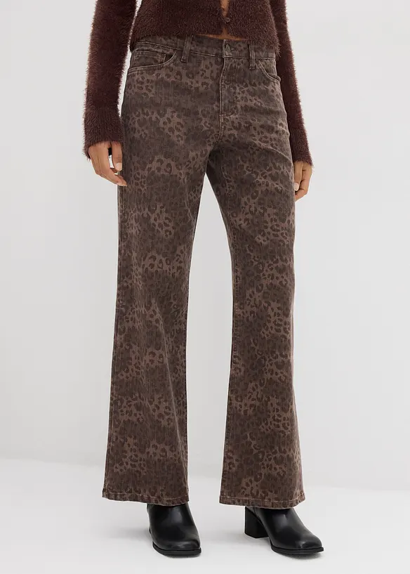Pantaloni in twill leopardati wide leg, bonprix