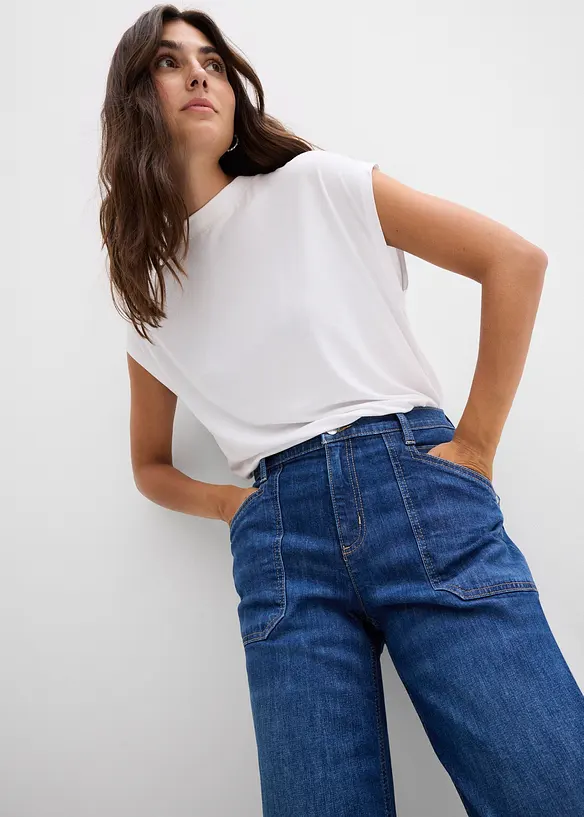 Jeans wide leg con tasche applicate, vita media, bonprix