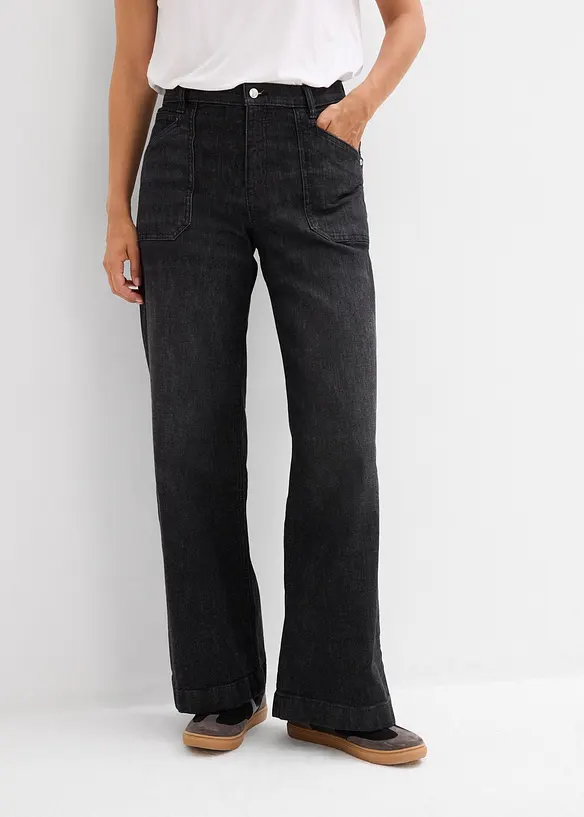 Jeans wide leg con tasche applicate, vita media, bonprix