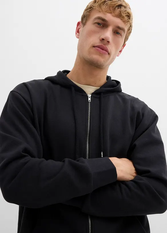 Felpa con zip, cappuccio e puro cotone, loose fit, bonprix