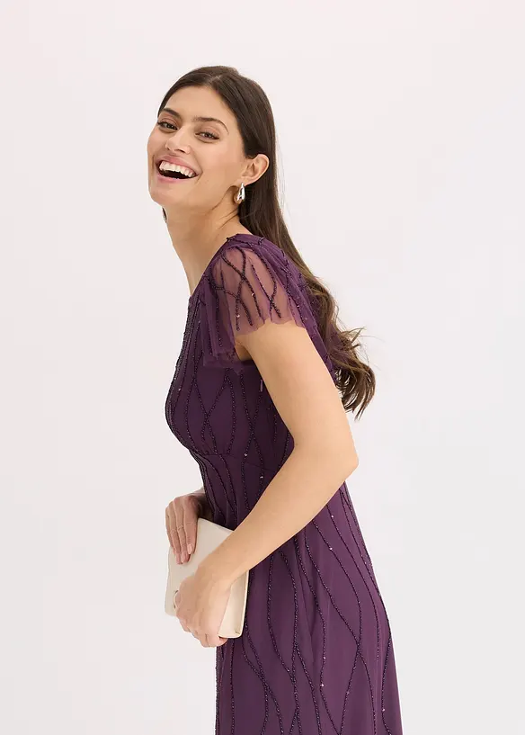 Abito lungo in tulle delicato con ricamo e perline, bonprix