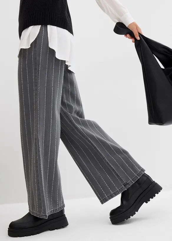 Jeans wide leg con effetti destroyed, vita alta, bonprix