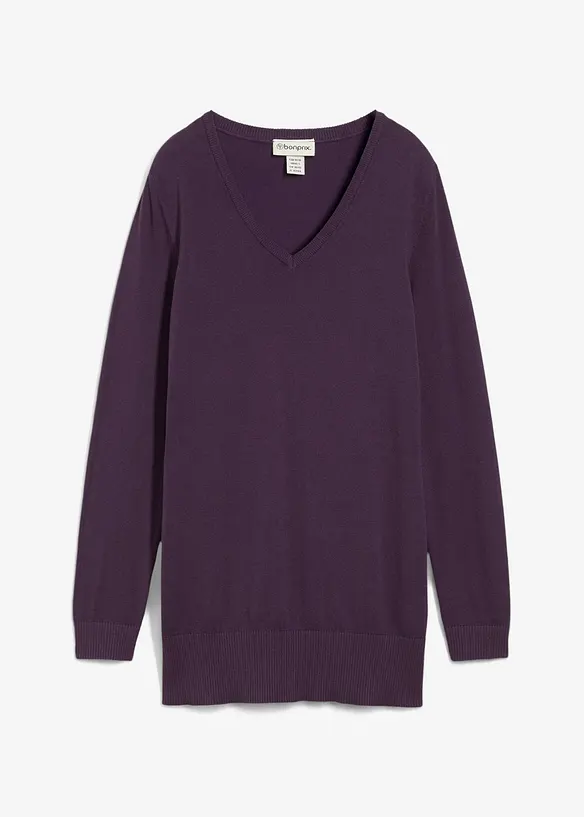 Maglione lungo basic in filato fine con scollo a V, bonprix