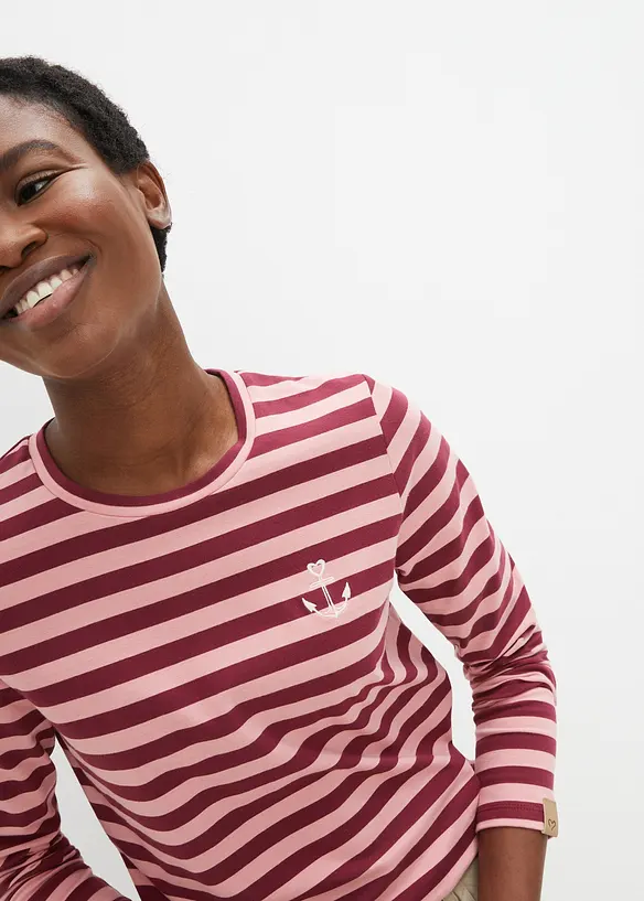 Maglia a maniche lunghe a righe con ricamo, bonprix