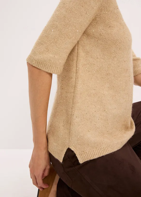 Maglione a mezze maniche con paillettes e filato lucido, bonprix