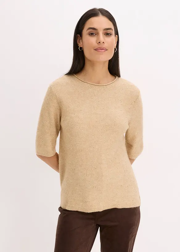 Maglione a mezze maniche con paillettes e filato lucido, bonprix