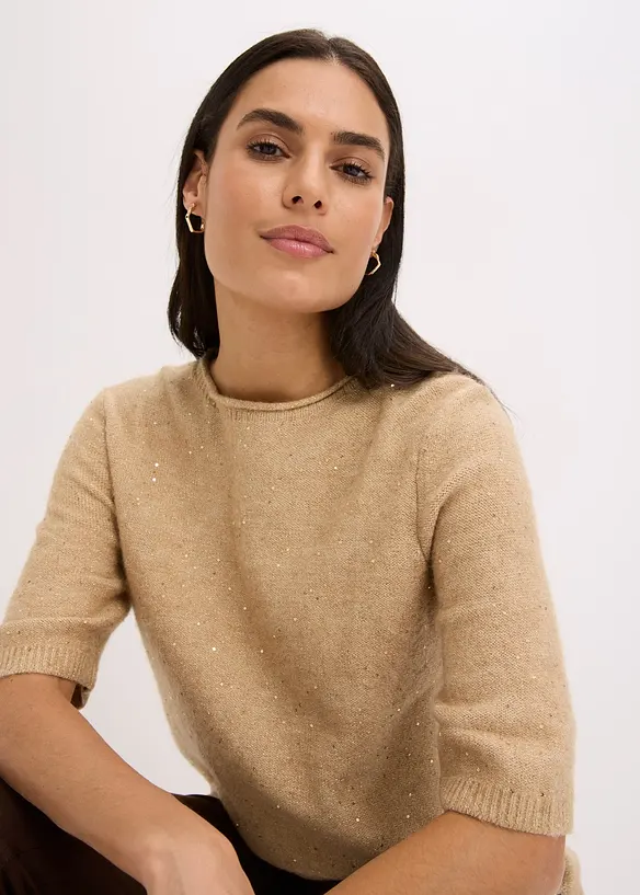 Maglione a mezze maniche con paillettes e filato lucido, bonprix