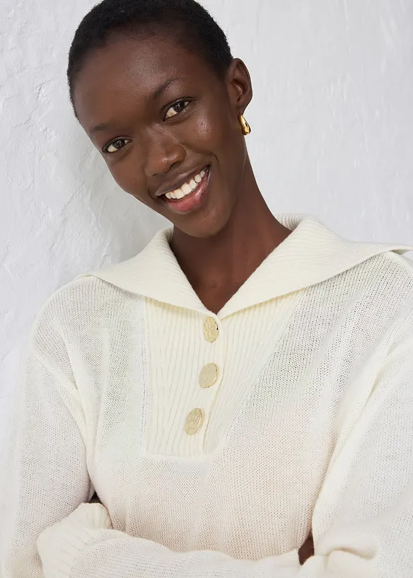 Maglione in lana merino a collo ampio con bottoni, bonprix