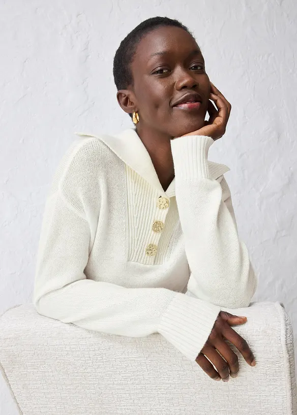 Maglione in lana merino a collo ampio con bottoni, bonprix