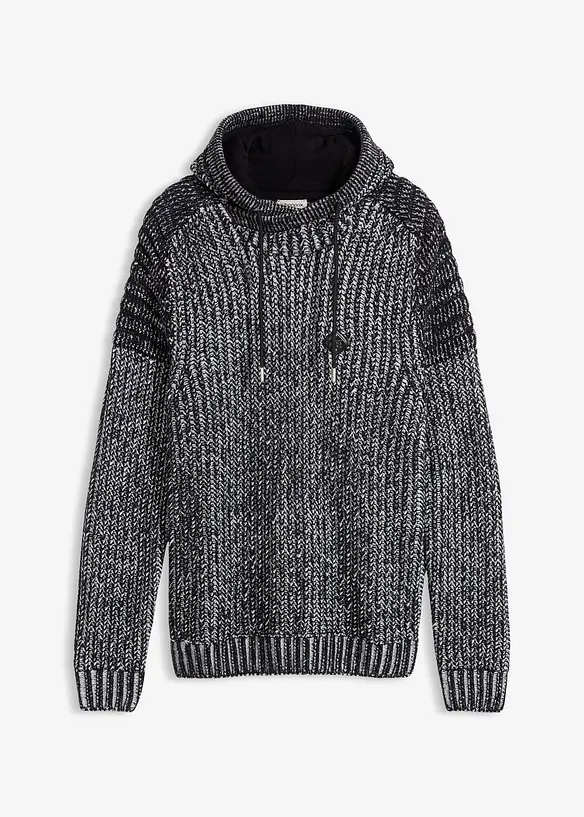 Maglione in filato grosso con cappuccio e dettagli stile biker, bonprix