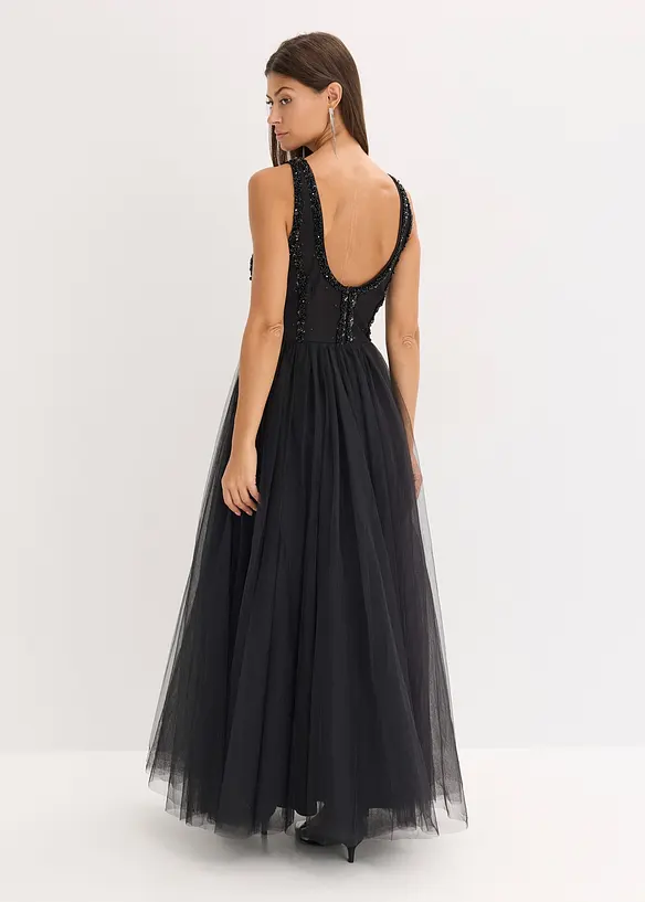 Abito lungo in fine tulle con ricami e paillettes, bonprix