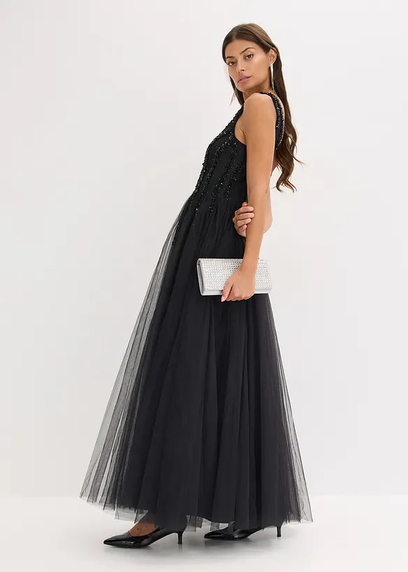 Abito lungo in fine tulle con ricami e paillettes, bonprix