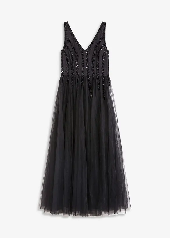 Abito lungo in fine tulle con ricami e paillettes, bonprix