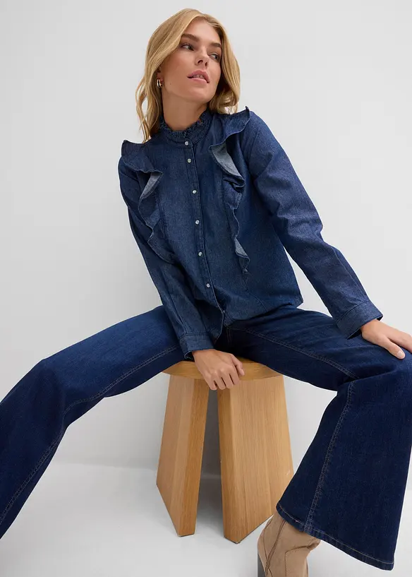 Camicia in denim in puro cotone con volants, bonprix