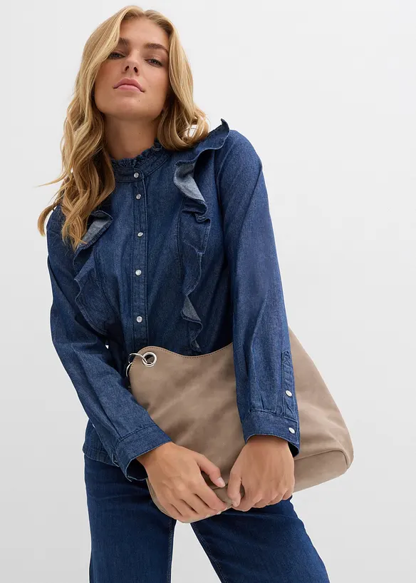 Camicia in denim in puro cotone con volants, bonprix