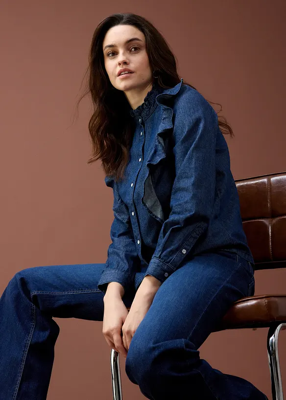 Camicia in denim in puro cotone con volants, bonprix