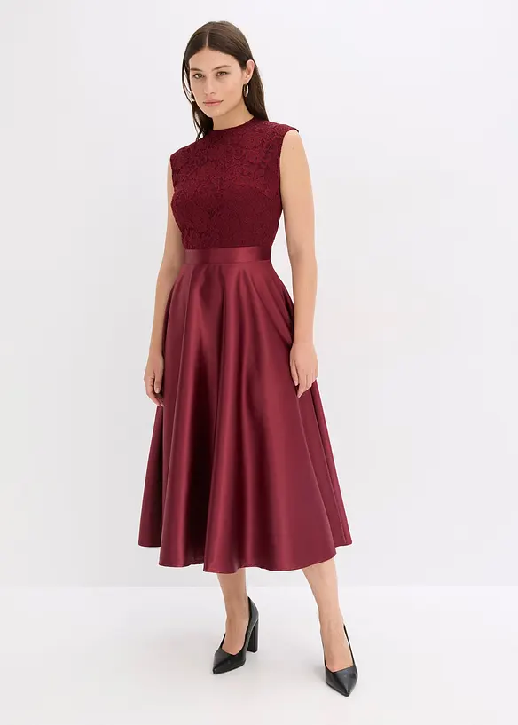 Abito midi in satin lucido con pizzo, bonprix