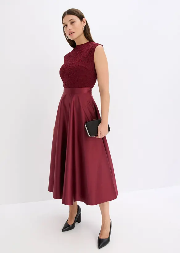 Abito midi in satin lucido con pizzo, bonprix