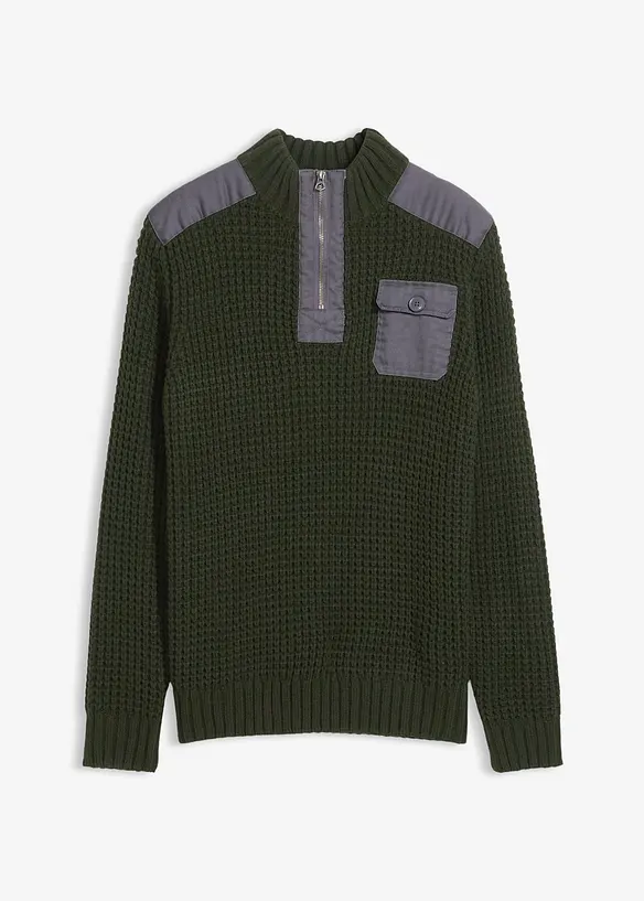 Maglione in filato grosso con zip e applicazioni in tessuto, bonprix