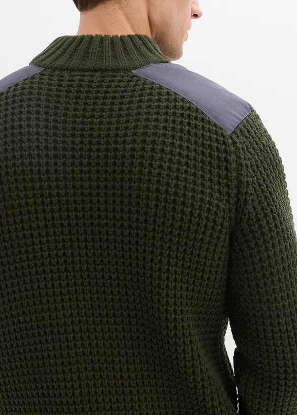 Maglione in filato grosso con zip e applicazioni in tessuto, bonprix
