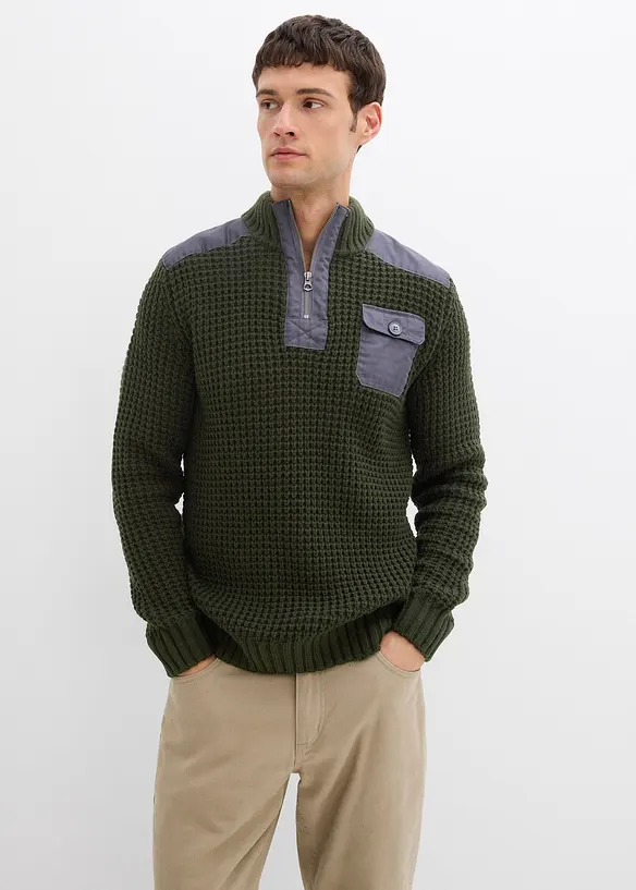 Maglione in filato grosso con zip e applicazioni in tessuto, bonprix