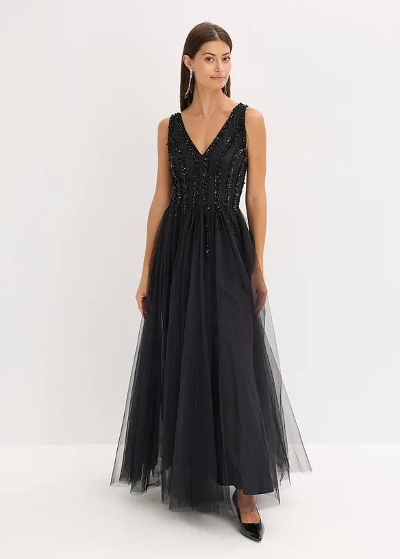 Abito lungo in fine tulle con ricami e paillettes, bonprix