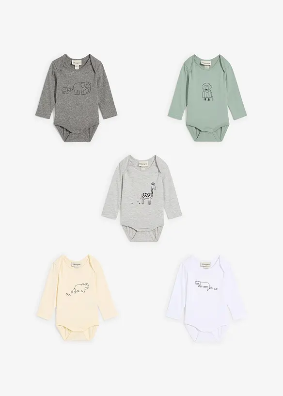 Body a maniche lunghe in cotone biologico (pacco da 5), bonprix